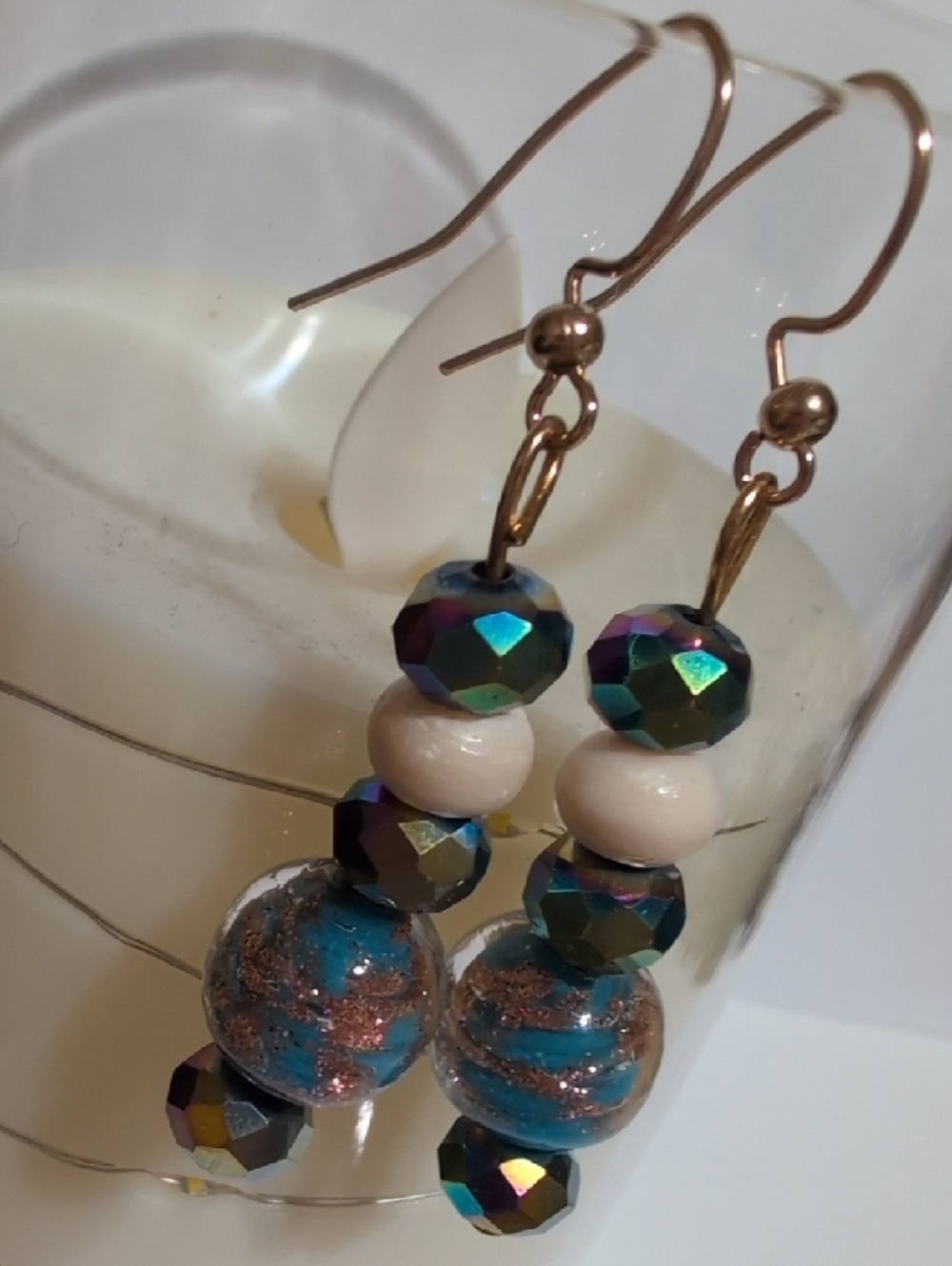 NWOT Handmade Iridescent Blue & Glass gold speckled drop Earrings
